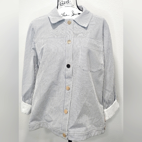 Chico’s Blue & White Striped Indigo Snap Front Jacket Roll Tab Sleeves, SZ 3 NWT - Picture 1 of 16